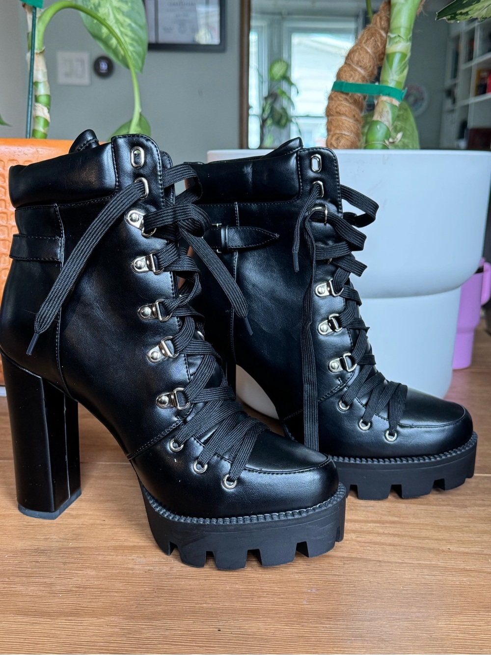 Black Platform Lace-Up Ankle Boots - Women's